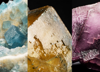 A triptych of fluorite crystals of varying colors.